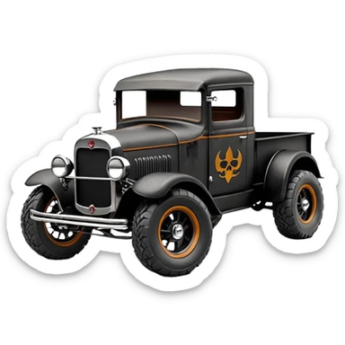 1:10 off-road lcg smoking rusting Basher style 1927 blackened tarnished hotrod rat rod streamlined anime vampire ghostly Studebaker zombie infected extended-cab rc bulging pickup (extra wide low-profile pin tires chrome wheels with fenders) sticker