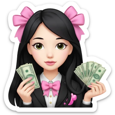 Menina de cabelo preto longo , laços rosas , dinheiro , luxo sticker
