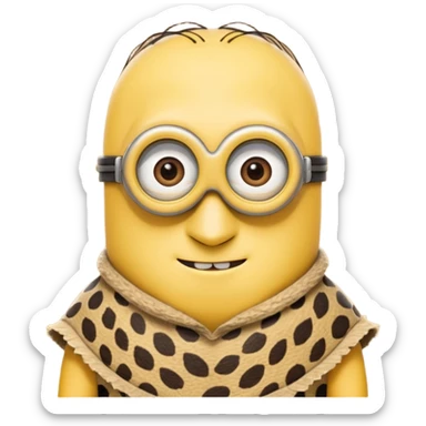 a minion wearing ancient animal skin cloth, half body, icon sticker