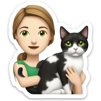 Black and white cat with female owner with brown hair and green eyes sticker