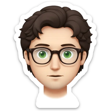 Young man with slightly curled dark brown poofy hair, green eyes wearing glasses, wide face with eyes set apart, bigger ears, pale skin, slightly bigger nose, and very light stubble sticker