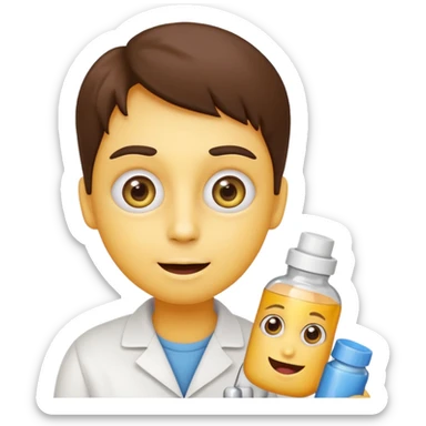 Can you create an emoji where it’s a basic yellow face emoji with wide crazy eyes and a small smile as well as blushed cheeks, and have it holding a pill near its mouth while a prescription bottle is next to it sticker