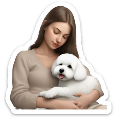 White dog Bichon Frise sleeping on brunette white girl's lap sticker