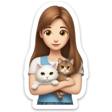 A girl with brown straight hair and a white fluffy cat lying in her arms with eyes of different colors sticker