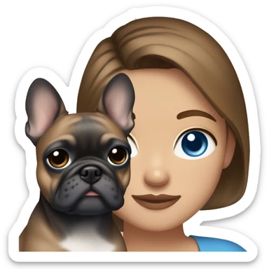 Brown hair light skin blue eyes yes woman with a blue and tan frenchie on her arm sticker