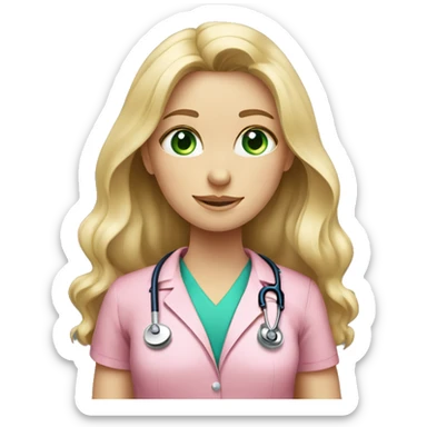 Long haired Blonde girl with green-blue-grey eyes wearing a pink shirt  a doctor sticker