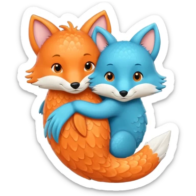 One orange fish and one teal blue fox, that are hugging or cuddling each other sticker