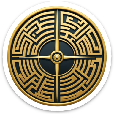 A vertical sword in the center of a circular maze, inside of which is embedded a thin astrolabe. The lines are strict, geometric, and symmetrical. The material is a dark metal (antimonium). The style is a minimalistic alchemical sign. sticker
