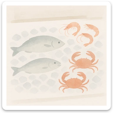 soft watercolor illustration in a minimalist modern style of a fresh seafood display with fish, shrimp, and crabs on ice, in a restaurant or market setting, pastel colors, delicate linework, gentle whimsical mood, minimal soft shading sticker