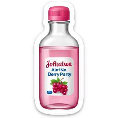 realistic Johnson and Johnson style bottle pink cap pink logo clear bottle with aint no party like a berry party written on the logo with diddy oil and a berry on top bottle sticker