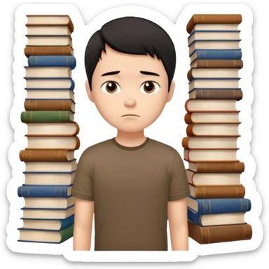 generate a pretty bratz fair skinned boy with short black hair wearing a brown tshirt surrounded by books n looking very sad sticker