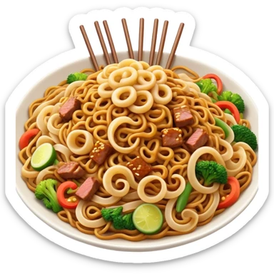 Cinematic Realistic Mie Goreng Dish Emoji, featuring stir‚Äêfried noodles with vegetables and meat rendered with dynamic textures and warm, appetizing lighting. sticker