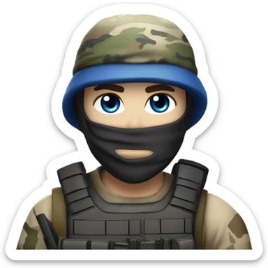male, pale skin, call of duty face mask, camo tactical gear, combat boots, black beanie, blue eyes sticker