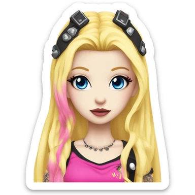 Blue eyed pale hime gyaru girl, hot pink and yellow split-dyed hair, dark makeup, punk clothes sticker