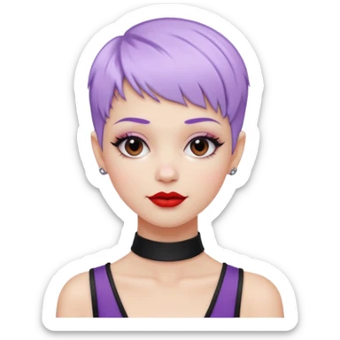fashionista white girl, pastel purple short pixie hair, black choker, red lipstick, lip ring, half smile sticker