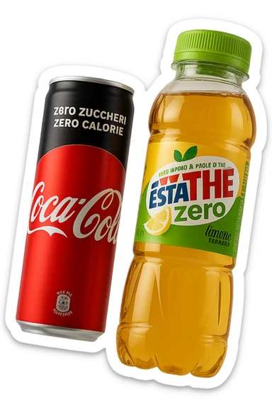 lattina di coca cola zero fluttua accanto a bottiglia di esta-thè zero, iperrealistiche 4k sticker