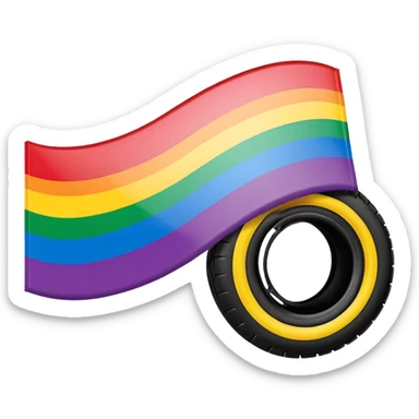 emoji-style vector of LGBT rainbow flag, vivid colors, with bold realistic black tire skid marks diagonally across, compact, high contrast, clear, white or transparent background sticker