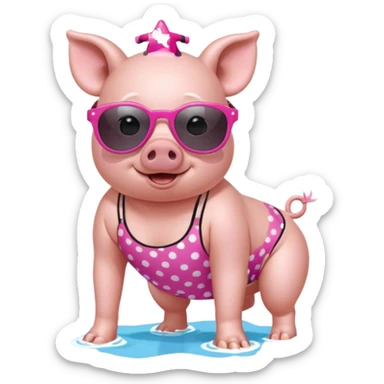 cute pig wearing cool star-shaped sunglasses and polka dot bathing suit on all fours  sticker
