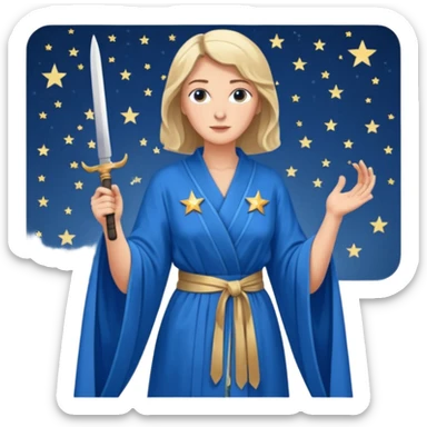An upright Europe (a tall woman), wearing a blue, flowing robe with stars on the hem, and behind her stands Chancellor Merz, holding a knife toward her back 
you forgot chanccellor merz behind her sticker