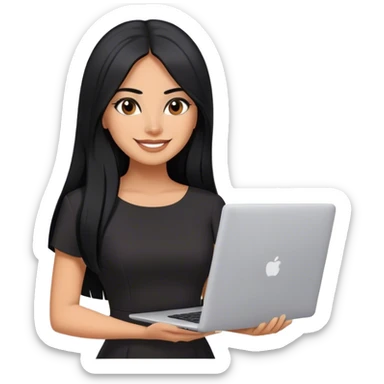 beautiful woman boss, with long straight black hair, with make up, black eye liner, smile, mexican, brown skin, with laptop, wearing litlle black dress, she stand up sticker