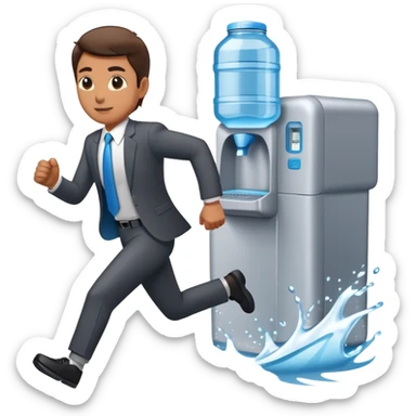 Company director running a marathon in a business suit next to a water cooler sticker
