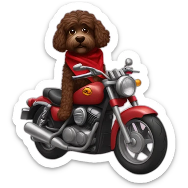A chocolate brown doodle with wavy fur wearing a red and black handkerchief riding a motorcycle sticker