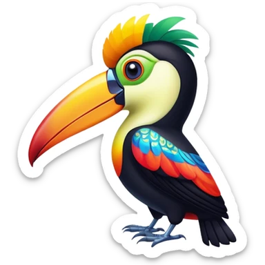 Cinematic Noble Toucan Portrait Emoji, Poised and regal, with a vibrant, striking beak and a sleek, colorful body adorned with bold patterns and keen, observant eyes, Simplified yet sharp and sophisticated features, highly detailed, glowing with a soft, tropical radiance, high shine, intelligent and majestic, stylized with an air of exotic elegance, focused and alert, soft glowing outline, capturing the essence of a watchful and confident avian guardian that appears ready to take flight out of the screen with effortless authority! sticker