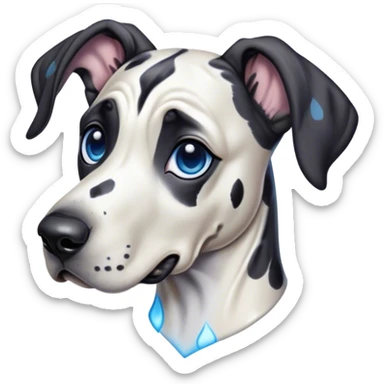 Cinematic Cute Harlequin Great Dane Portrait Emoji, Head tilted playfully and inquisitively, featuring a glossy coat of predominantly white with dynamic black patches, round, sparkling blue eyes filled with gentle curiosity, Simplified yet irresistibly adorable features, highly detailed, glowing with a warm, friendly glow, high shine, affectionate and gentle, stylized with a touch of whimsy, bright and endearing, soft glowing outline, capturing the essence of a mischievous yet loving pup, so playful it feels like it could lumber out of the screen and into your arms! sticker