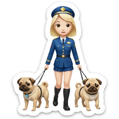 haz una chica rubia en uniforme paseando a su perro pug sticker