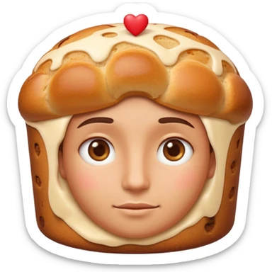 Apple-style emoji illustration of a person with dreamy eyes thinking of a traditional panettone, small hearts floating around, soft 3D emoji style, smooth gradients, rounded shapes, warm festive colors, simple expression, centered composition, transparent background, no text. sticker