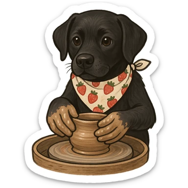 black labrador dog wearing a strawberry-patterned bandana, making pottery on a pottery wheel, hands covered in clay, cute and focused, consistent style sticker