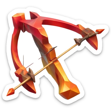 crossbow sculpture symbolizing Sagittarius with a geometric, faceted design. The symbol is standing upright with angular and disney features. The vibrant red flame colors highlights the sharp edges and planes. sticker