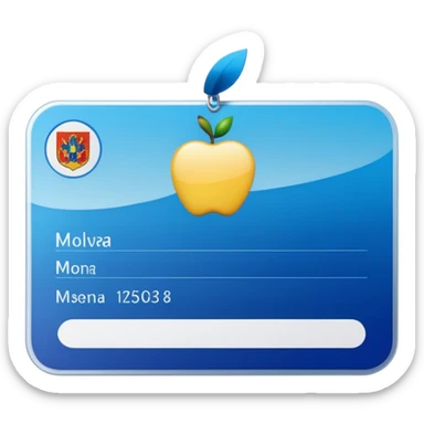 business identification card with rounded corners, blue-silver gradient background, placeholder lines, generic photo silhouette on left, Moldova-style heraldic icon in top-left, Apple emoji style, transparent background sticker