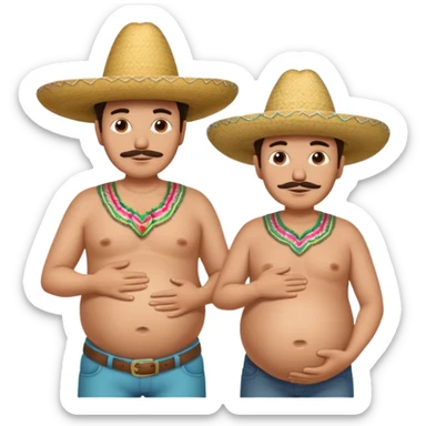 only two men standing besides each other. 1 man is white and not pregnant, and the other man is mexican wearing a sombrero and pregnant, holding his belly.  sticker