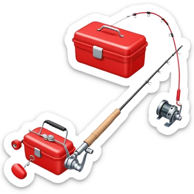 A fishing rod with reel and line neatly coiled beside a bait box. sticker