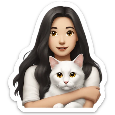 A girl with long dark hair and a white fluffy cat is lying on her right shoulder sticker