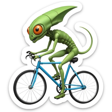insectoid alien riding a bicycle, bug-like eyes, segmented limbs, strange but fun cycling pose, sci-fi creature vibe, 3D cartoon, mobile game icon style, clean background, no text, no watermark
 sticker