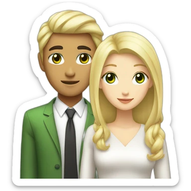A couple of an Asian man and a blond girl with green eye sticker