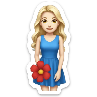 A beatiful white girl wear blue and red dress with flower sticker