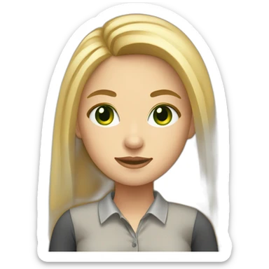 A girl who has blonde and long hair green eyes working in an office with pc sticker