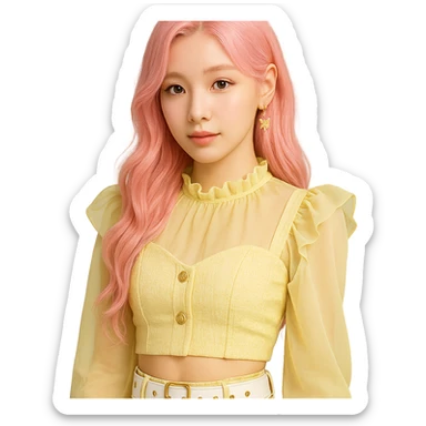 Fluttershy reimagined as a human K-pop idol with pastel pink hair, trendy stage outfit, soft makeup, transparent background sticker