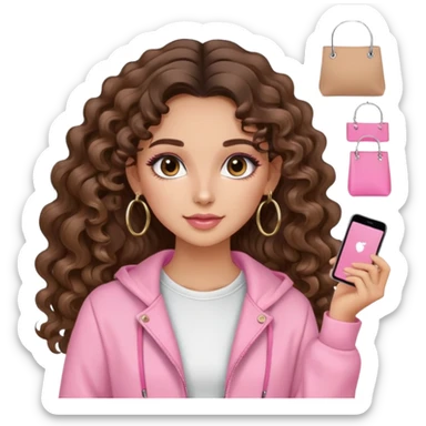 cute balayage brunette long hair curly/wavy haired girl, hoop earrings, clean girl makeup DOING SHOPPING WITH PINK CLOTHES ON sticker