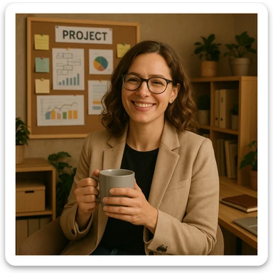 a relaxed and happy female project manager holding a coffee cup in a cozy office setting sticker