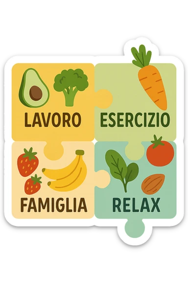Puzzle (Lavoro, Esercizio, Famiglia, Relax), and healthy foods are integrated into each piece. in italiano sticker