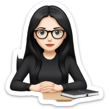 pale woman with long black hair, wearing glasses and black shirt in an office sticker