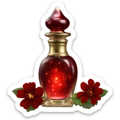 Dark red magic fairy light sparkling old Antique oil perfume bottle with herbal and flowers sticker