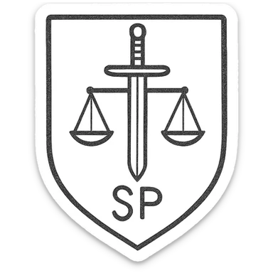 A minimalist emblem for a secretive military investigative unit. The design should feature a clean, geometric layout with a sword and scales, using a dark and muted color palette. It should include an understated 'SP' symbol to denote secrecy and professionalism. sticker