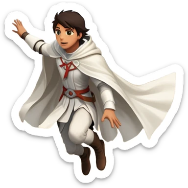 An icon featuring a hero performing a leap of faith from a tower in Florence, inspired by adventure games like Assassin's Creed. The design captures the dramatic moment mid-air, with detailed architecture and a bustling city below. Transparent background sticker