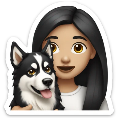 Pale girl with long black hair holding Alaskan husky sticker