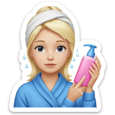 A girl grabbing a pink serum with a towel in blonde hair with a white shower towel in her hair with skincare on her face dressed in a blue sweater sticker